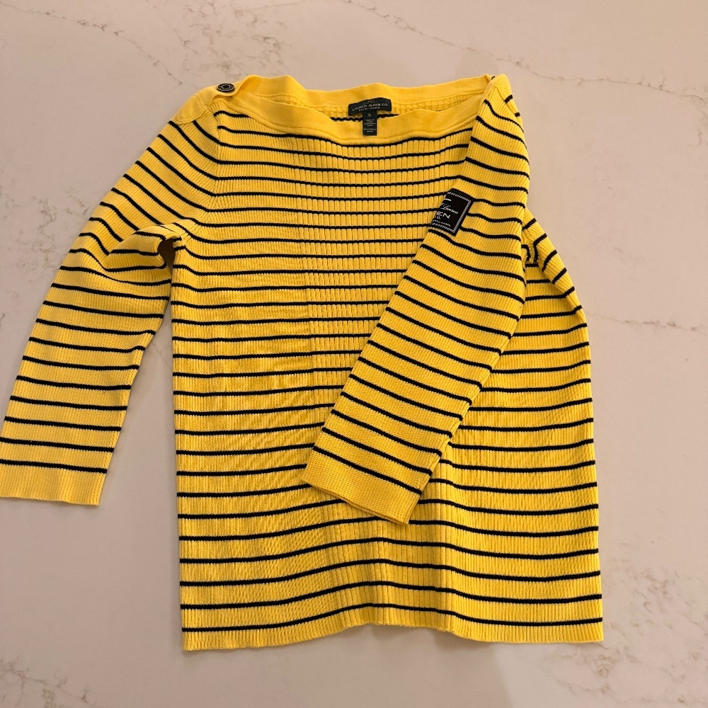 Lauren Jeans Co Ralph Lauren Yellow Striped Ribbed Sweater | Button Shoulder - Picture 2 of 5
